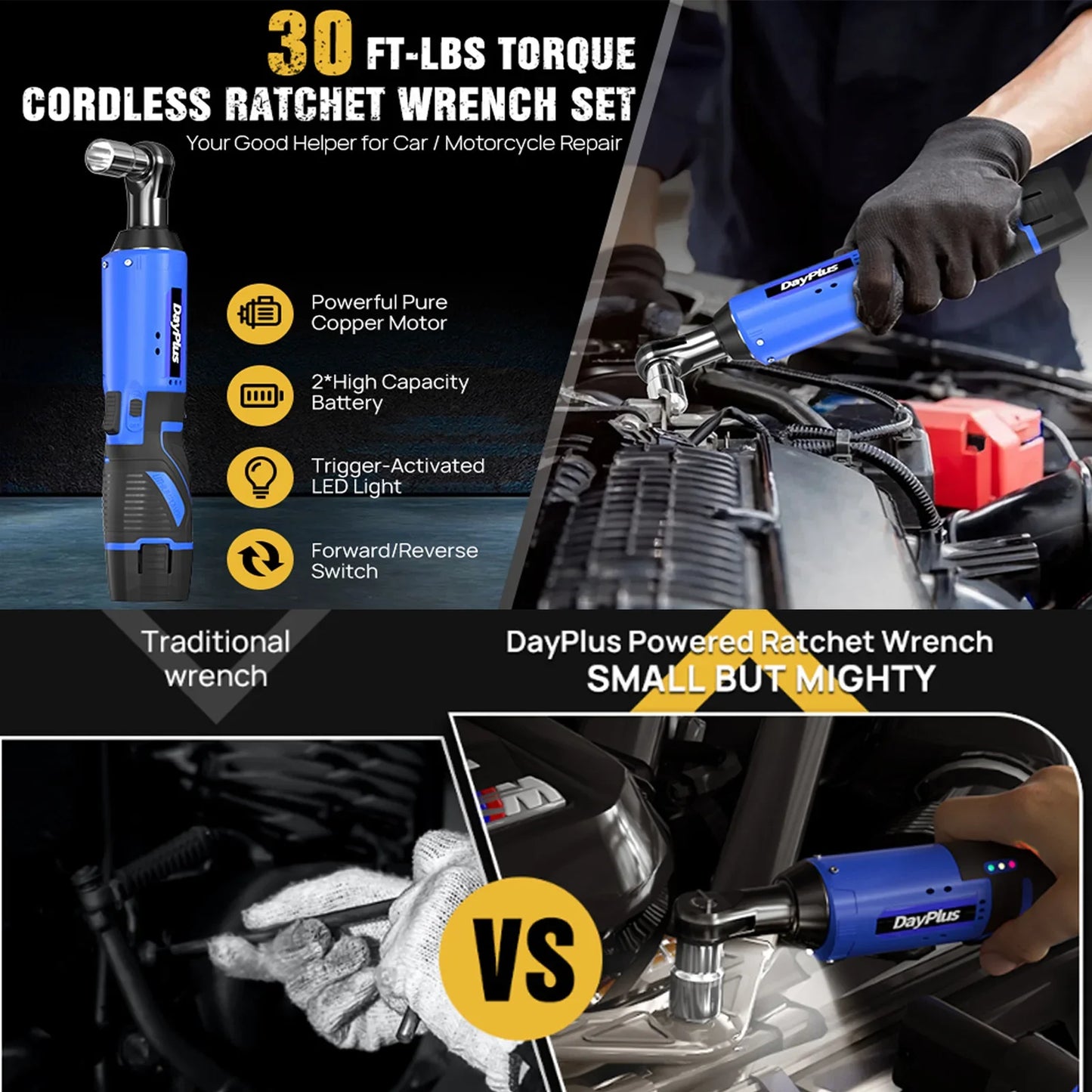 Electric Cordless 3/8" Right Angle Ratchet Wrench — 90° Power Ratchet with LED Light, +7PCS Sockets & 2 Batteries