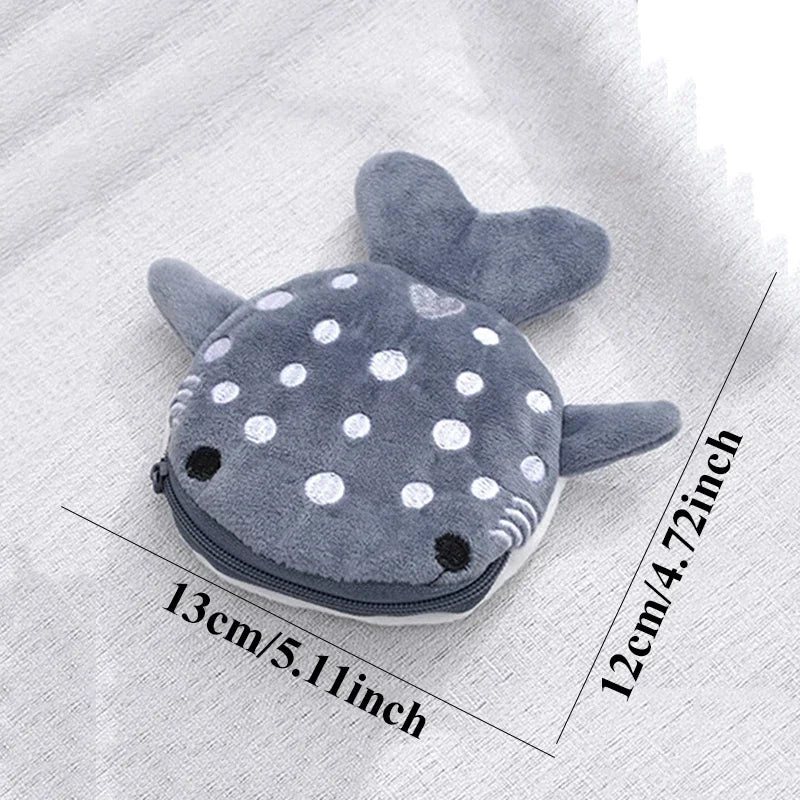 Cute Blue Shark Mini Coin Purse – Plush Zipper Wallet for Women, Key & Earphone Pouch