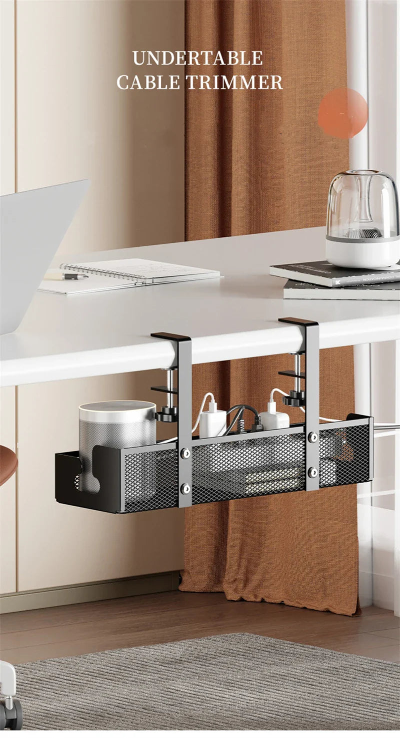 No-Drill Extendable Under Desk Cable Management Tray | Retractable Power Strip & Cord Holder with Clamp