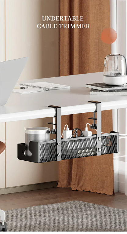 No-Drill Extendable Under Desk Cable Management Tray | Retractable Power Strip & Cord Holder with Clamp