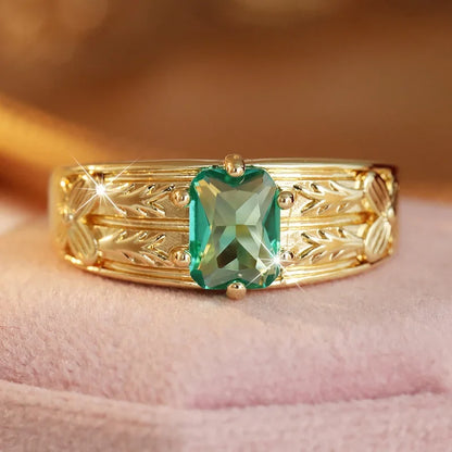 Vintage Gold-Plated Flower Ring - Green Synthetic Zircon Luxury Jewelry for Women