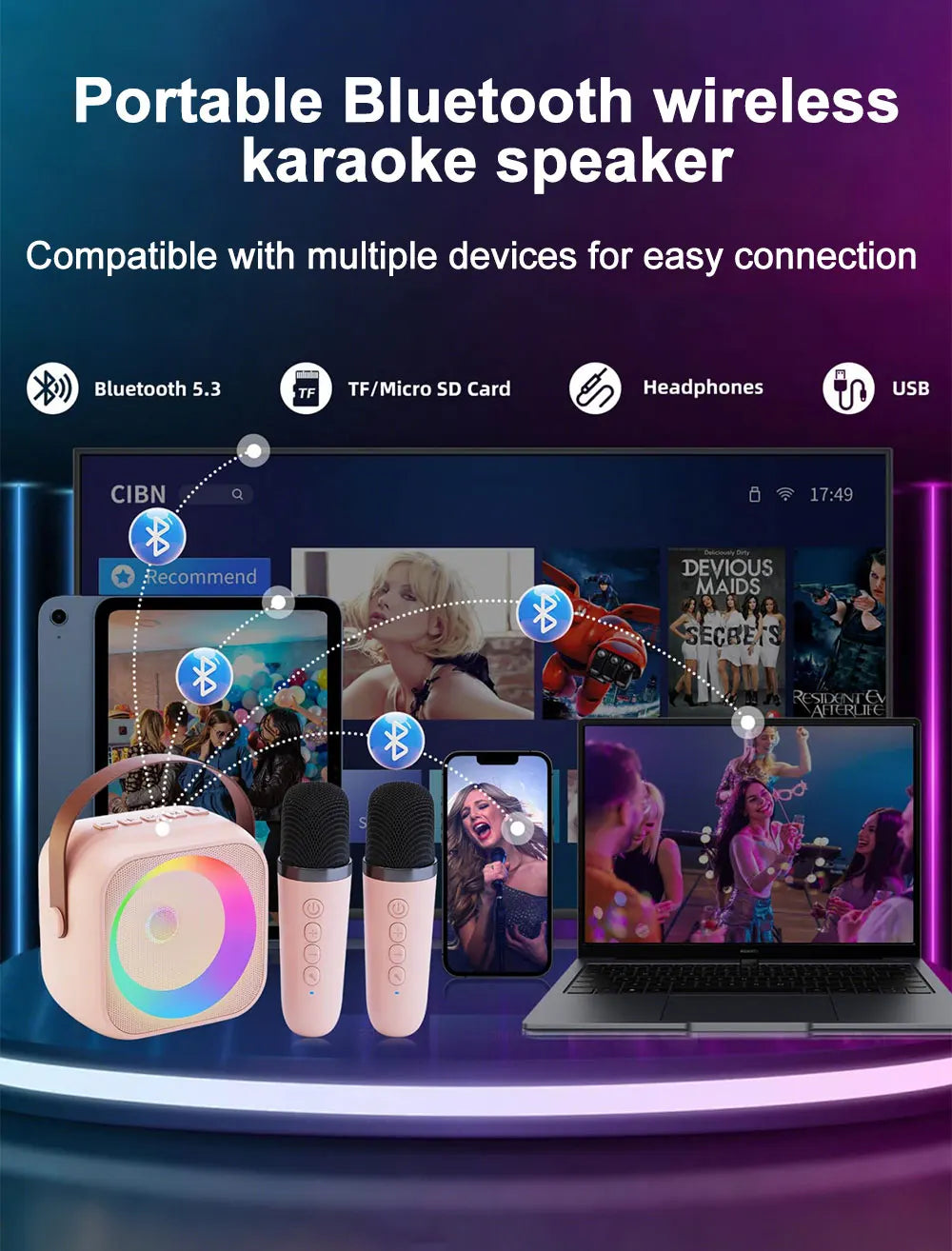 Haomuren Portable Karaoke Machine – Mini Bluetooth Speaker with 1-2 Wireless Microphones, Singing Toy for Kids & Family Party Gift