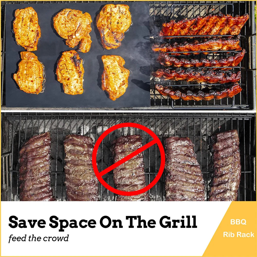 Stainless Steel Non-Stick BBQ Rib Rack Stand | Barbecue Steaks Racks for Chicken, Beef, Ribs | Black Grill for Gas Smoker BBQ Tools