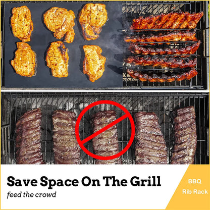 Stainless Steel Non-Stick BBQ Rib Rack Stand | Barbecue Steaks Racks for Chicken, Beef, Ribs | Black Grill for Gas Smoker BBQ Tools