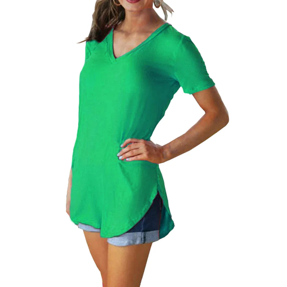 Women’s Summer V-Neck Blouse – Short Sleeve Loose Solid Color T-Shirt with Curved Hem
