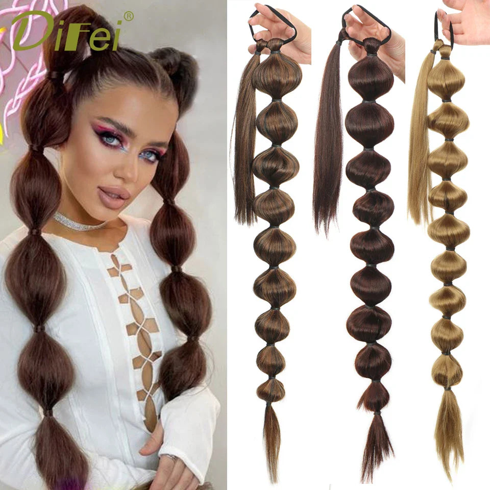 Synthetic Bubble Ponytail Extension : Wrap Around Hair Extensions for Women - Natural Black Brown Lantern Style