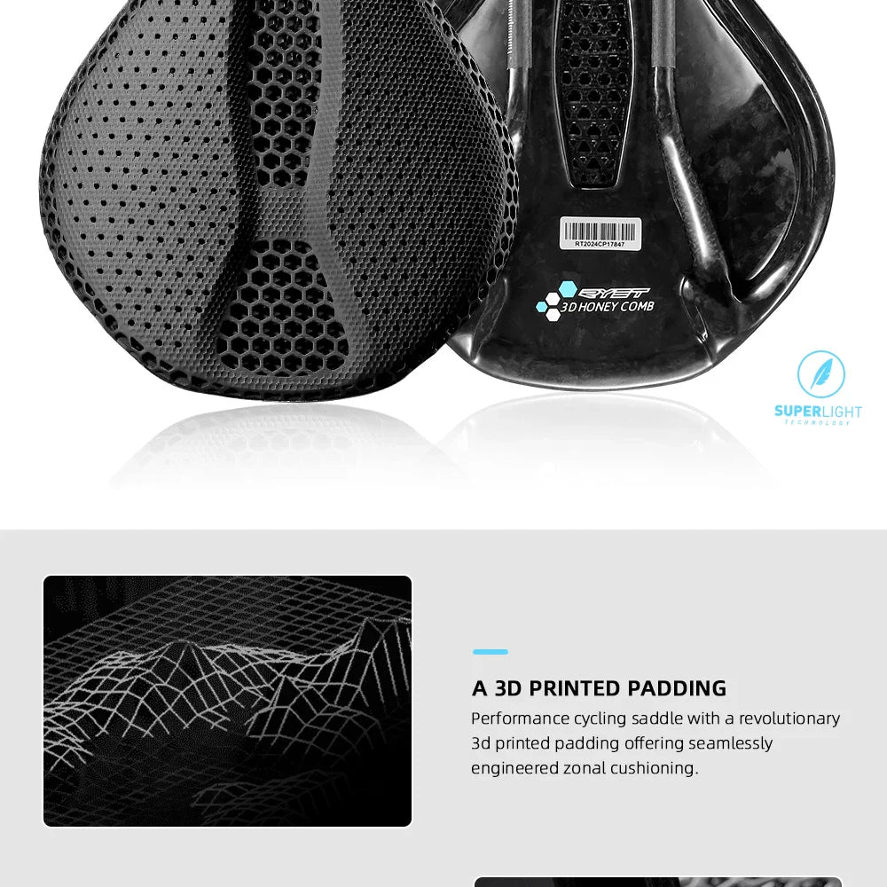 RYET Ultra Full Carbon 3D Printed Bike Saddle — 145mm Lightweight MTB Seat with High Modulus Carbon Fiber Base