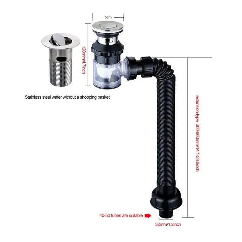 Flip-Top Kitchen Sink Drain - Retractable Deodorizing Filter - Flexible Downspout for Bathroom Sink - Anti-Clogging Kitchen Accessories