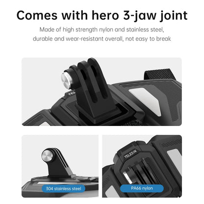 TELESIN Motorcycle Helmet Chin Mount Strap – Foldable Front Mount for GoPro 13/12/11/10/9, DJI Osmo Action & Insta360 Accessories