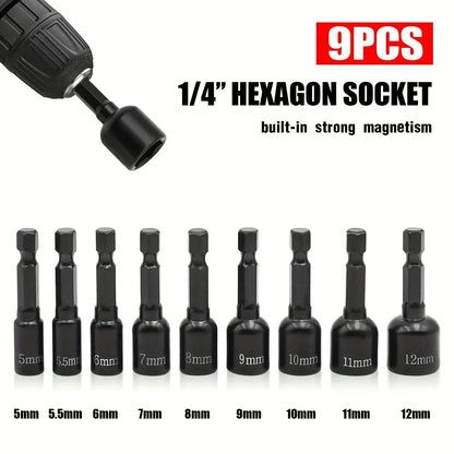 9Pcs Metric Nut Driver Set – 1/4” Hex Socket Drill Bits & Chuck Adapter Set for Electronics & Precision Tool Work