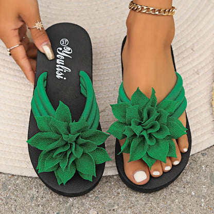Women’s Floral Flip Flops – Slip-On Mid Heel Sandals, Fabric Upper & EVA Sole, Summer Casual Vacation Footwear