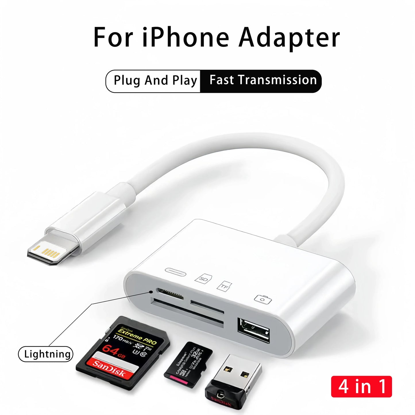 4-in-1 USB Card Reader – SD/TF Card Adapter for iPhone 14/13/12/11 Pro Max & iPad, Lightning Fast Charging for MacBook & Camera