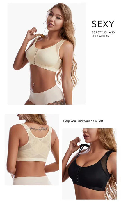 S-5XL Front Closure Posture Corrector Bra – Lift-Up Push-Up Sports Bra with Cross Back for Women, Shockproof Support