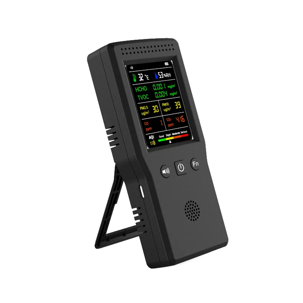 9-in-1 Air Quality Detector – Digital LCD Monitor for PM2.5, PM10, HCHO, TVOC, CO, CO2, AQI, Temperature, and Humidity