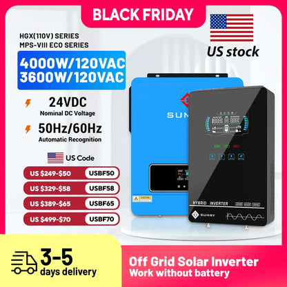 Sumry 3.6/4kW Hybrid Solar Inverter 24V – Pure Sine Wave, 110/120V, WiFi, Short Circuit Protection