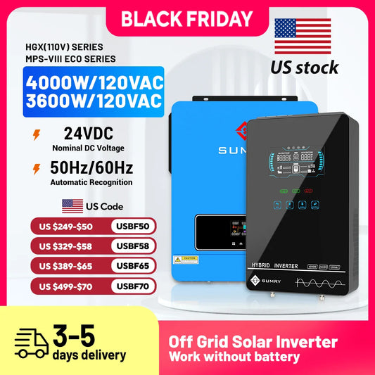 Sumry 3.6/4kW Hybrid Solar Inverter 24V – Pure Sine Wave, 110/120V, WiFi, Short Circuit Protection
