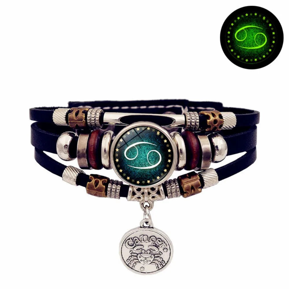Starry Sky Zodiac Luminous Leather Bracelet - Multi-Layered Beaded Snap Closure for Men & Women, Friendship Bracelet