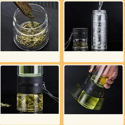 Double Layer Borosilicate Glass Tea Water Bottle with Infuser - Stylish Tea Tumbler for On-the-Go Tea Lovers