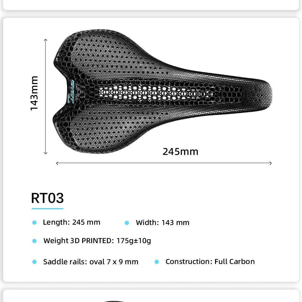 RYET Ultra Full Carbon 3D Printed Bike Saddle — 145mm Lightweight MTB Seat with High Modulus Carbon Fiber Base