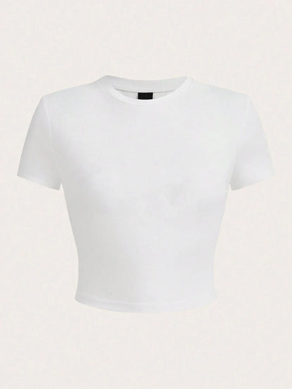Y2K Women’s Solid Cotton Crop Top – Short Sleeve, High-Elastic O-Neck T-Shirt for Summer Streetwear & Sporty Fashion