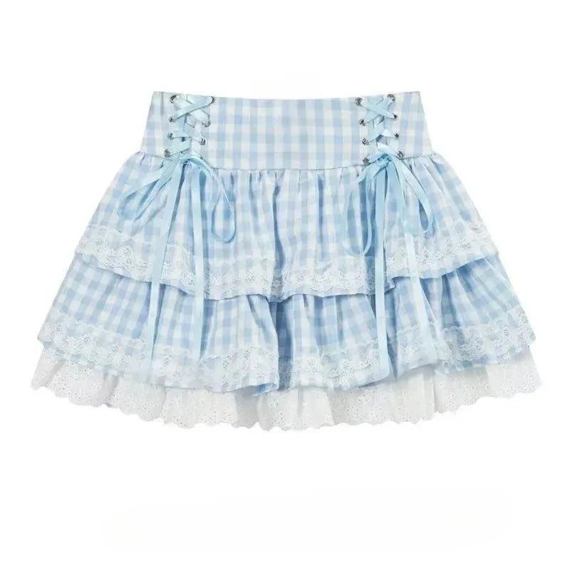 Japanese Kawaii Polka Dot Skirt - Y2K Bow Print Mini Skirt with Puffy Lolita Style