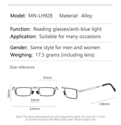 Unisex Folding Reading Glasses – Full Metal Frame, Transparent Lenses, Anti-Blue Light with Case