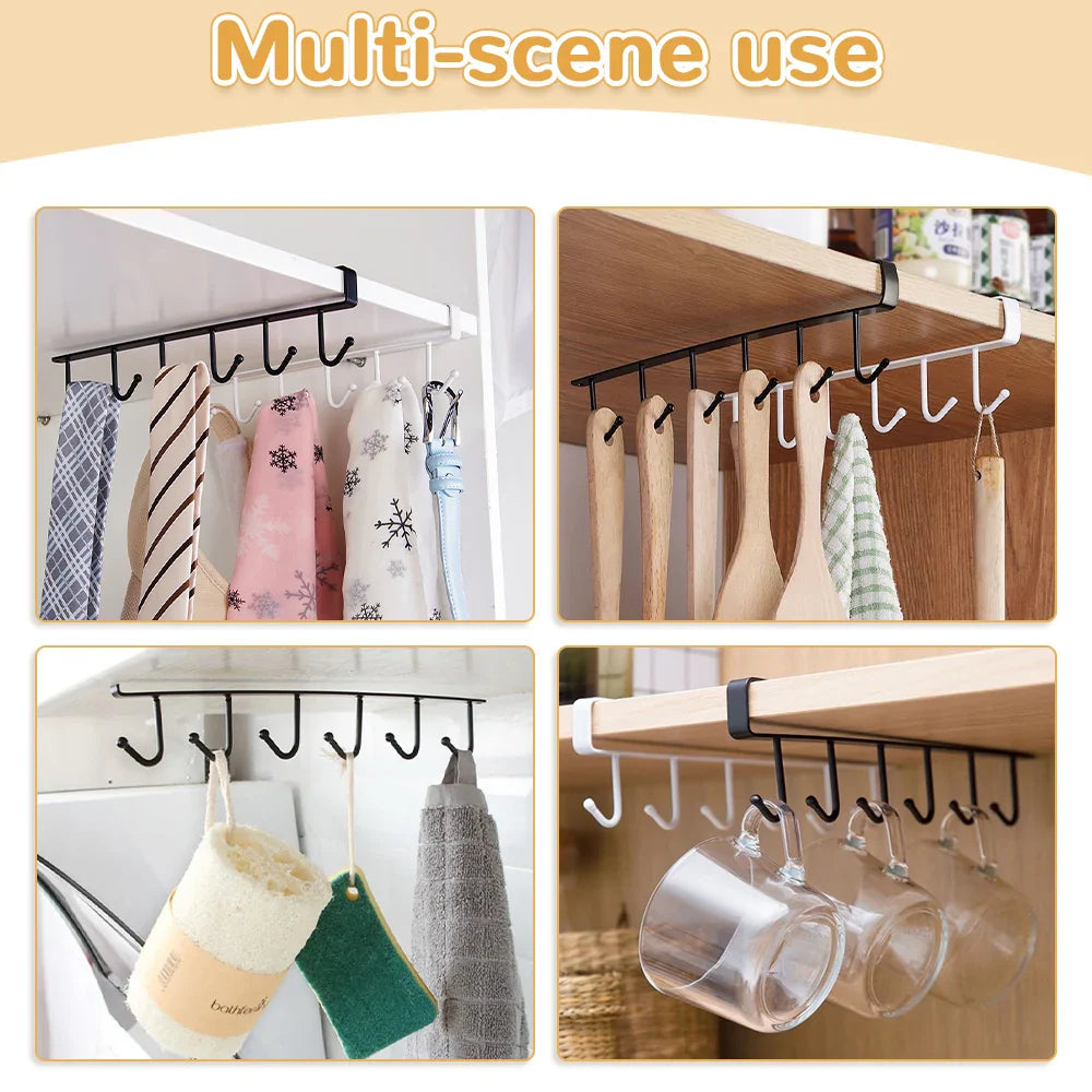 Iron Metal Under-Shelf Hanging Rack - 6 Hooks Storage Shelf for Kitchen & Bathroom Organizer