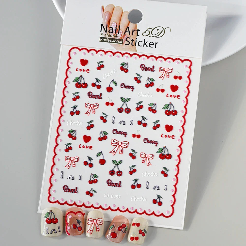 5D Macaron Nail Stickers - Embossed Flower, Fruit, Bear & Rabbit Charms for Summer DIY Manicure Decoration