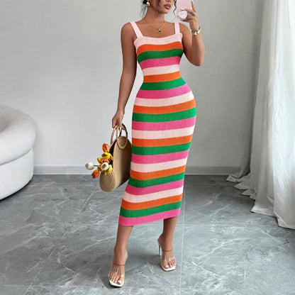 Women’s Rainbow Striped Bodycon Maxi Dress – Sleeveless Stretchy Knit Summer Beach Vacation Party Sundress