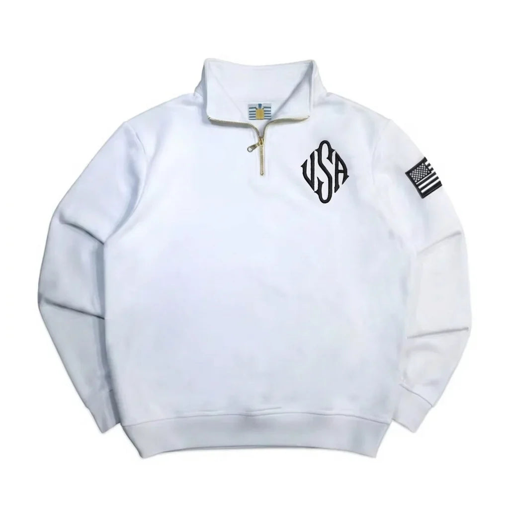 Men’s Y2K American Flag Embroidered Hoodie – Quarter Zip Streetwear Sweatshirt Navy Blue White Patch Sleeve Casual Pullover Sweater