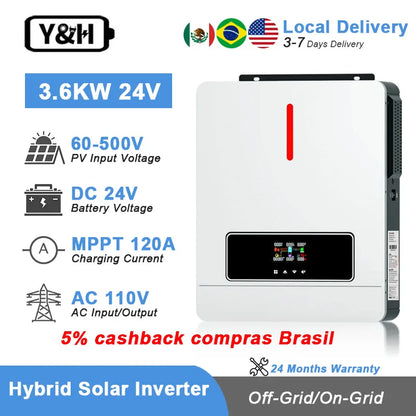 Y&H 3.6/4kW Hybrid Solar Inverter 24V – Pure Sine Wave with 120A MPPT Controller, UL1741 Certified