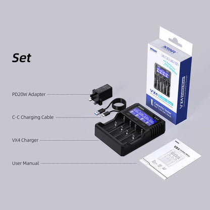 XTAR VX4 20W Fast Battery Charger with LED Display – 18650, AAA/AA, Li-ion, NiMH, LiFePO4 Charger & Capacity Tester