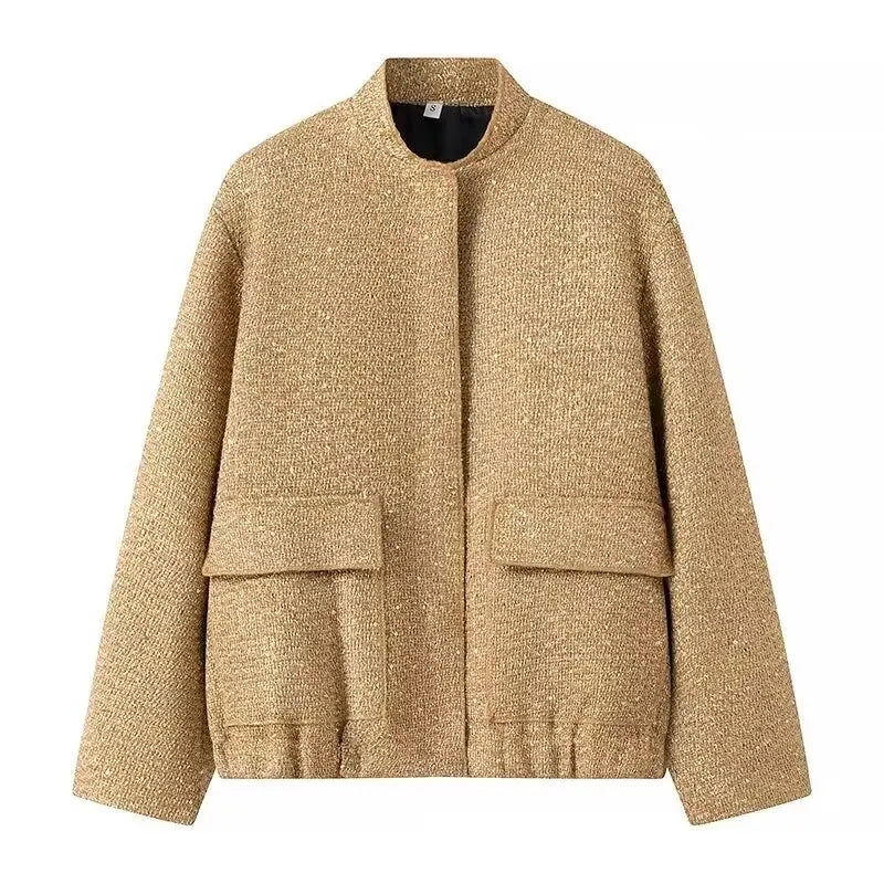 Nlzgmsj Women’s Shiny Sequin Jacket – Y2K Gold Stand Collar Short Coat, Autumn Winter High Streetwear