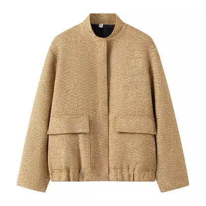 Nlzgmsj Women’s Shiny Sequin Jacket – Y2K Gold Stand Collar Short Coat, Autumn Winter High Streetwear