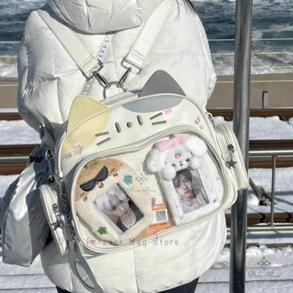 Y2K Korean Kawaii Cat Ita Bag — Cute PU Transparent Shoulder & Crossbody Bag for Girls, Harajuku Style Backpack