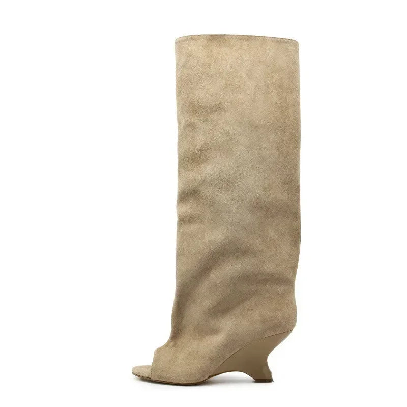 2025 Women’s Fish Mouth Knee-High Boots – Thick Slant Heel Fashion High Heels Spring Summer Large Size