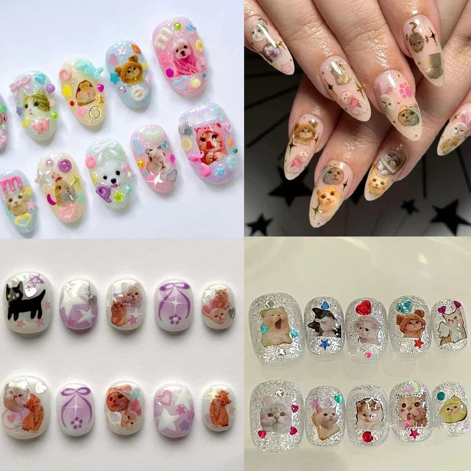 3D Animal Nail Art Stickers - Cute Cartoon Dog, Cat & Bunny Self-Adhesive Decals