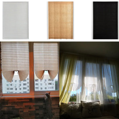 Self-Adhesive Pleated Zebra Blinds - Non-Woven Fabric Window Shade Blackout Curtain for Bedroom, Living Room, Balcony, Office Decor