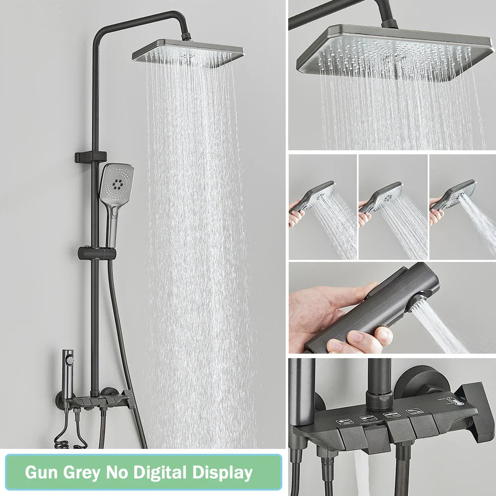 Rozin Black Smart Digital Display Shower Faucet Set - Piano Style Rainfall Bathroom System with Grey Digital Mixer Tap & Bidet Shower