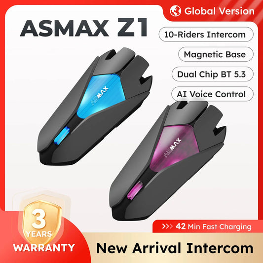 ASMAX Z1 Motorcycle Bluetooth Intercom — IP67 Waterproof Helmet Headset with 2-Chip 8-Core, HiFi Speakers, ENC, Fast Charging