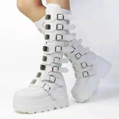 Women’s Gothic Knee-High Platform Boots – Black Punk Motorcycle Shoes for Halloween Cosplay