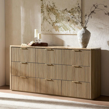 63" Fluted 9-Drawer Bedroom Dresser – Modern Chest with Faux Marble Top, Curved Corners & Customizable Storage Cabinet