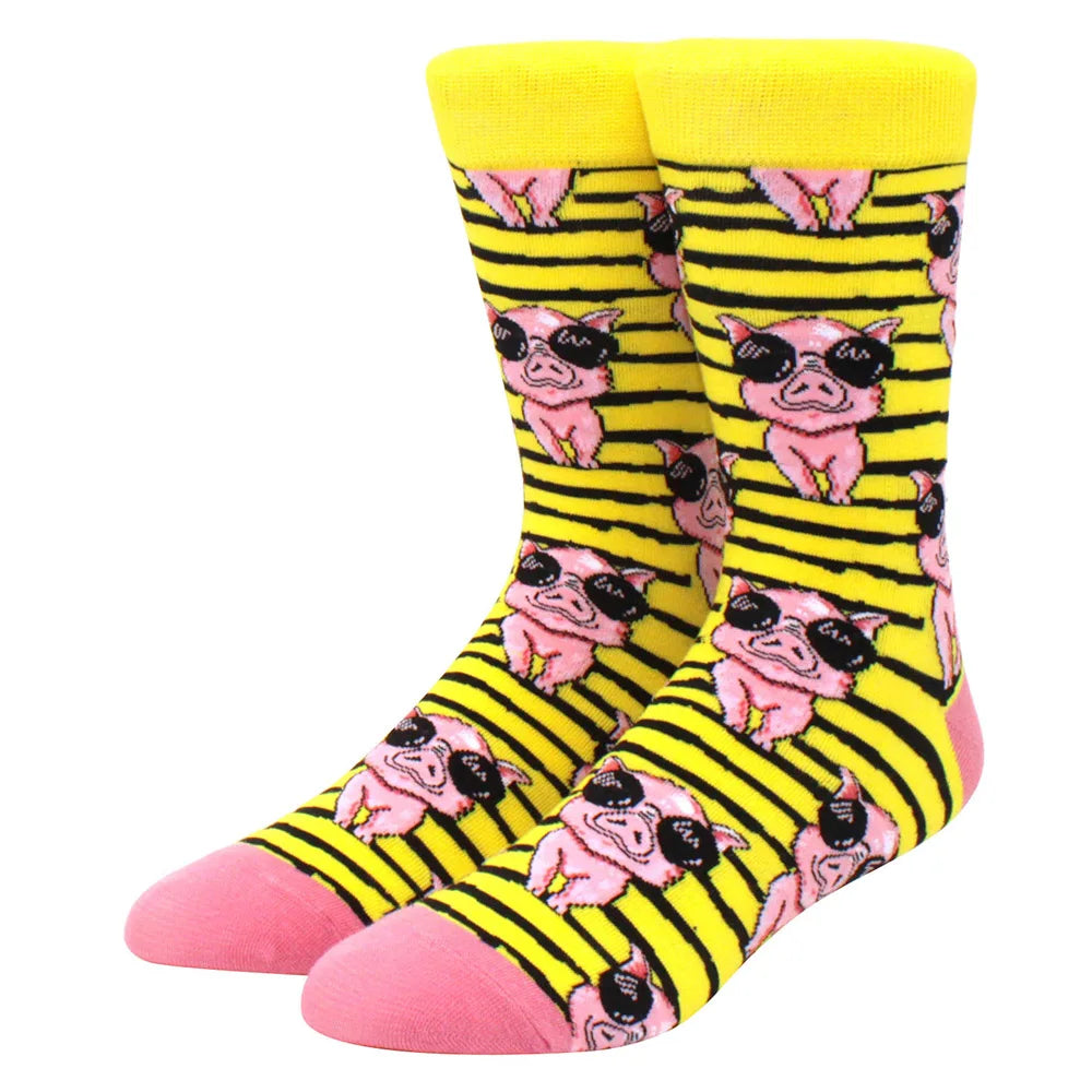 Men’s & Women’s Funny Beer Rainbow Socks – Skateboard Striped Pig Hip Hop Colorful Mid-Rise Casual Crew Cotton Socks, Unisex Fashion Novelty Socks