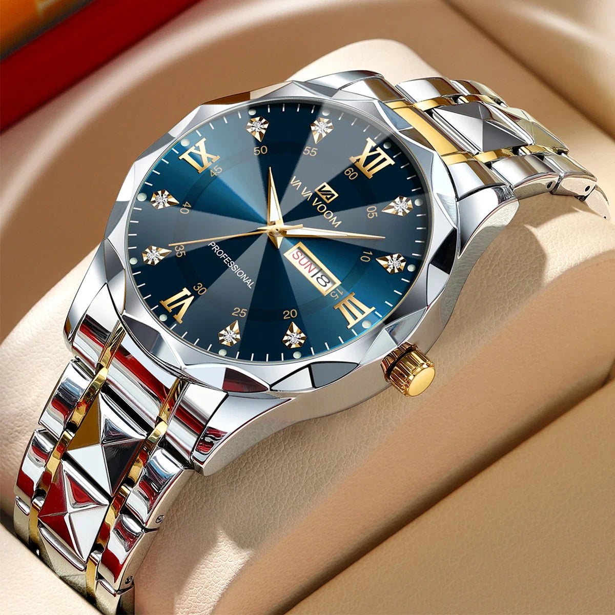 Men's Luxury Water Diamond Watch – Blue & Gold Stainless Steel, Night Glow, Double Calendar Quartz Movement, 41mm Business Fashion Watch