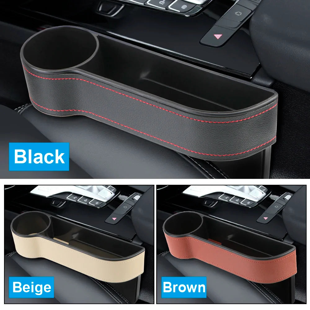 Car Seat Gap Organizer – Leather Auto Crevice Storage Box with Cup & Phone Holder, USB Option
