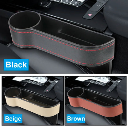 Car Seat Gap Organizer – Leather Auto Crevice Storage Box with Cup & Phone Holder, USB Option