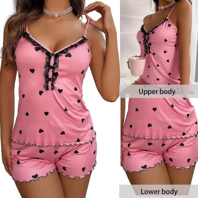 Summer Sexy Two-Piece Women's Pajama Set: Deep V-Neck Tops and Shorts Pajama Suit for Ladies Nightwear