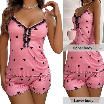 Summer Sexy Two-Piece Women's Pajama Set: Deep V-Neck Tops and Shorts Pajama Suit for Ladies Nightwear