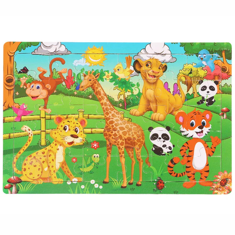 30PCS Wooden Jigsaw Puzzle – Cartoon Animal & Vehicle Educational Toys for Kids
