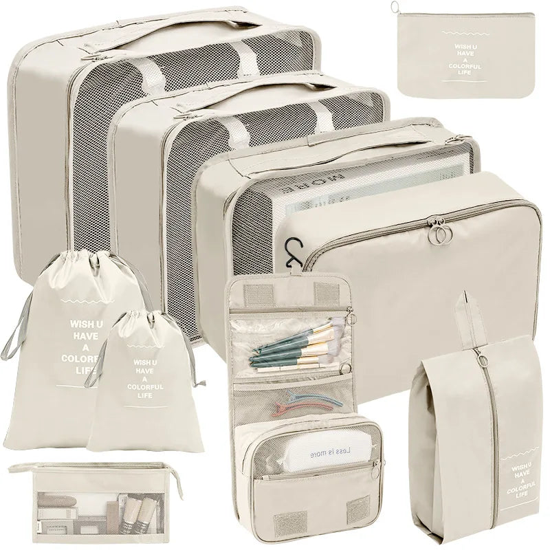 7/8/9/10-Piece Travel Organizer Storage Bags Set - Portable Packing Cubes for Suitcase, Luggage, Clothes, Shoes, Tidy Pouches, Folding Design